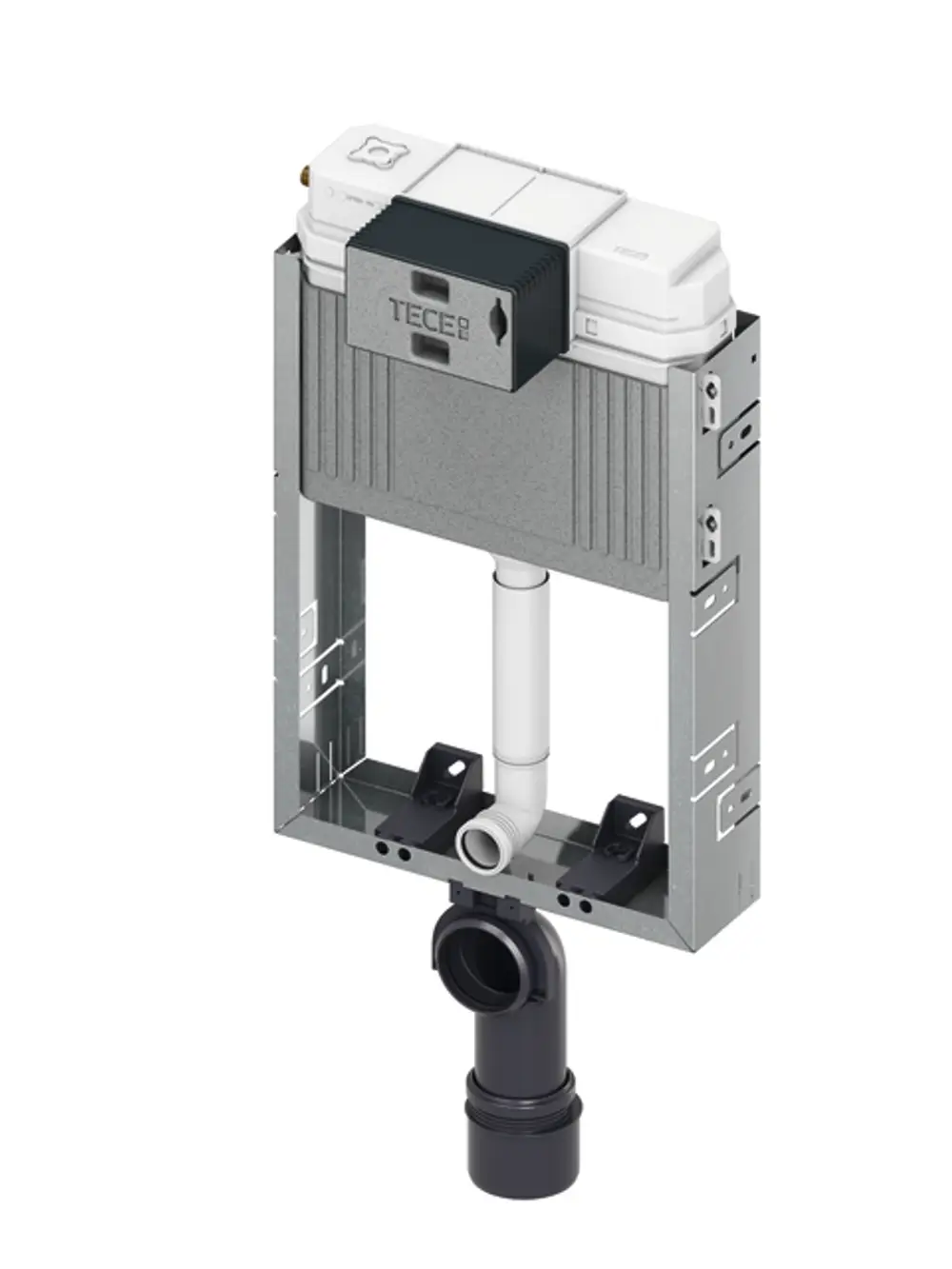 Montierte TECE WC-Modul mit Spülkasten. Sichtbare Rohrleitungsführung und Halterungen. Kompakt und für Standardinstallation geeignet.